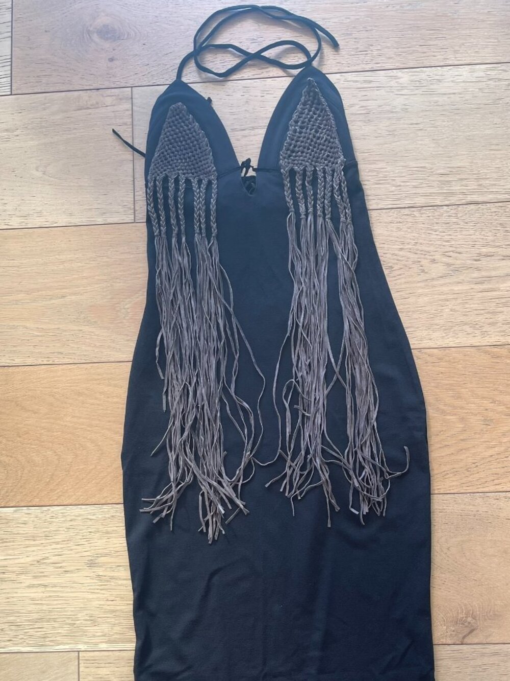 NWOT Roberta Scarpa Black Halter Bodycon Dress w/ Detachable Leather Fringe Sz 8